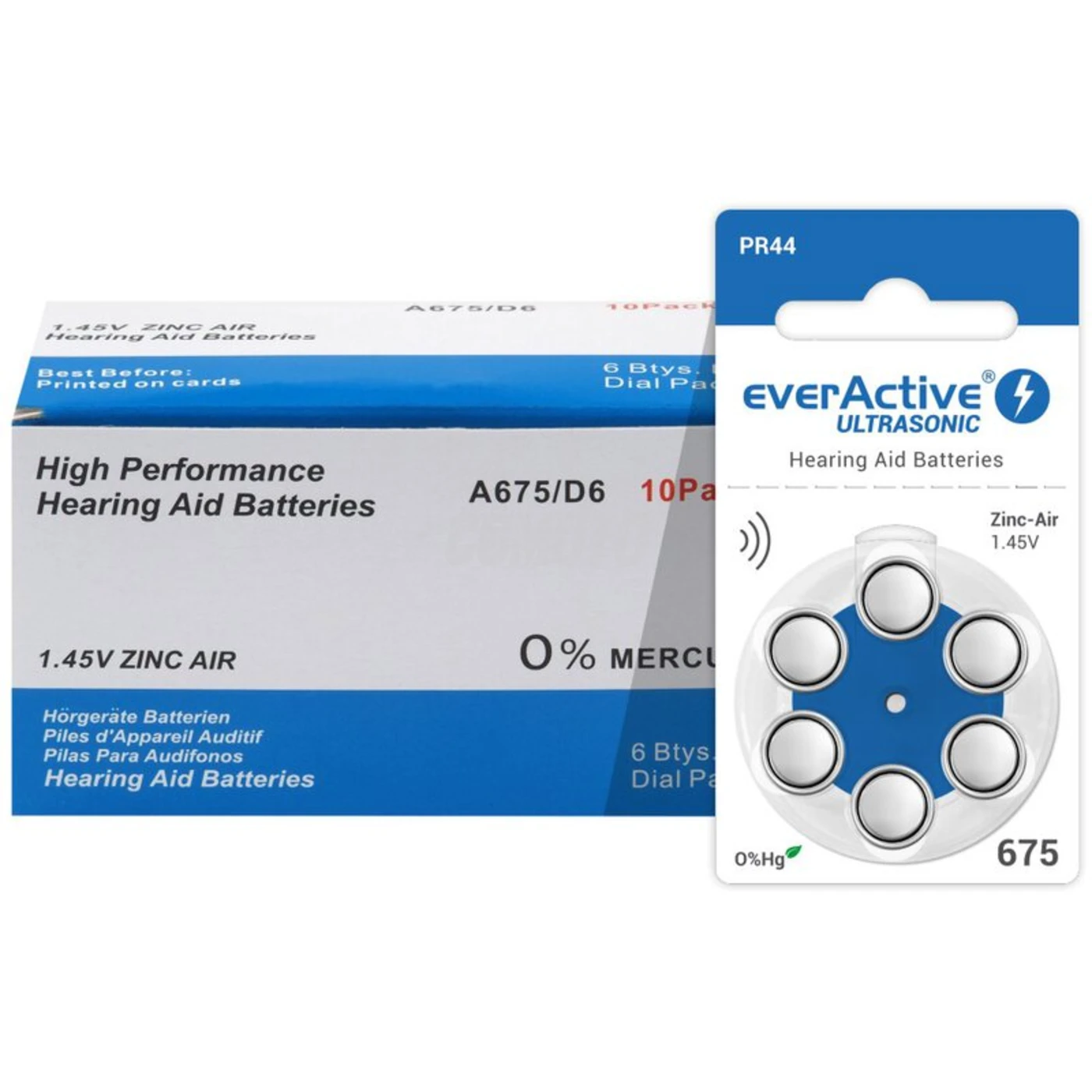 6 baterias auditivas de zinco-ar 675 1,45 V Ultrasonic 