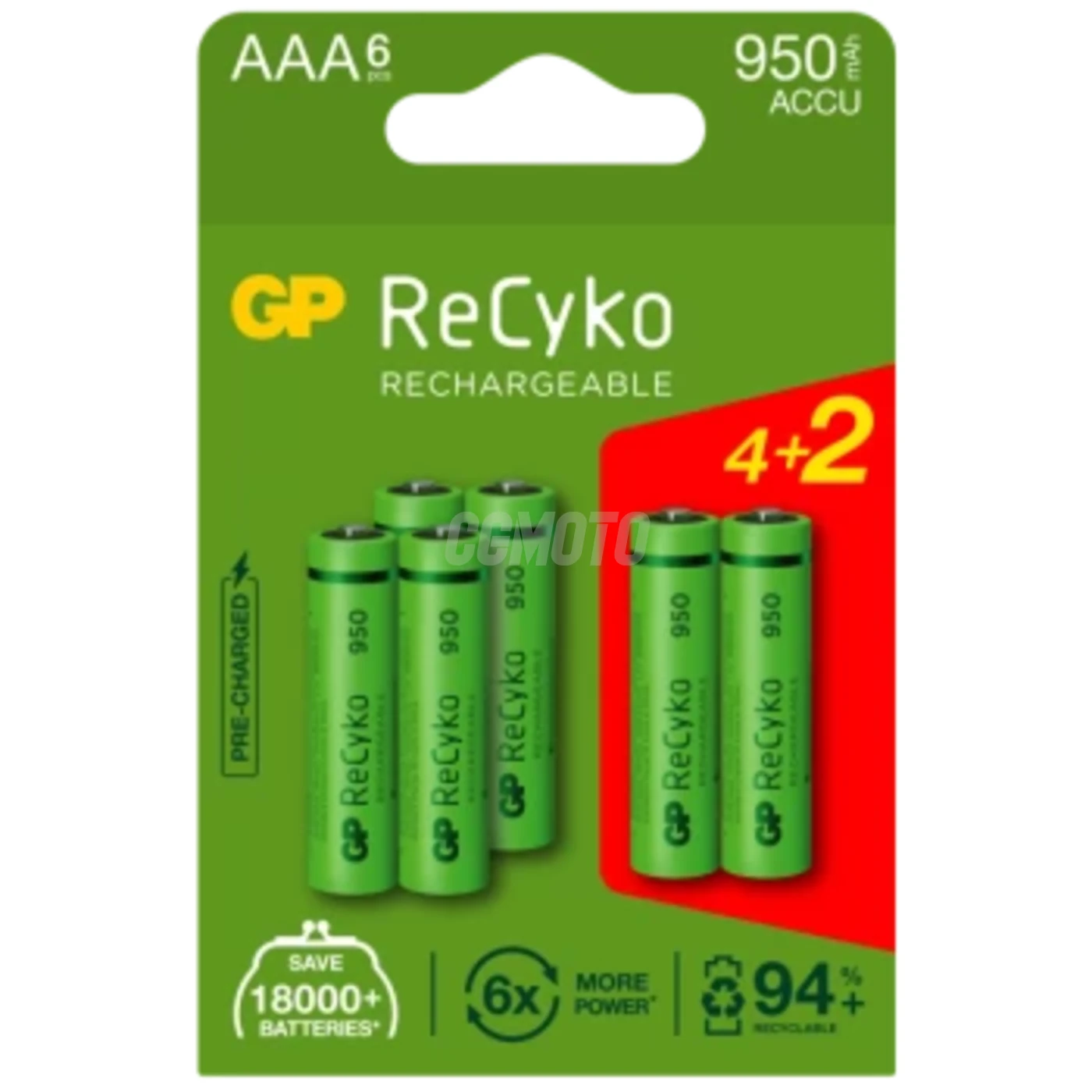 6 baterias recarregáveis NIMH AAA 1,2 V Recyko 950 mAh