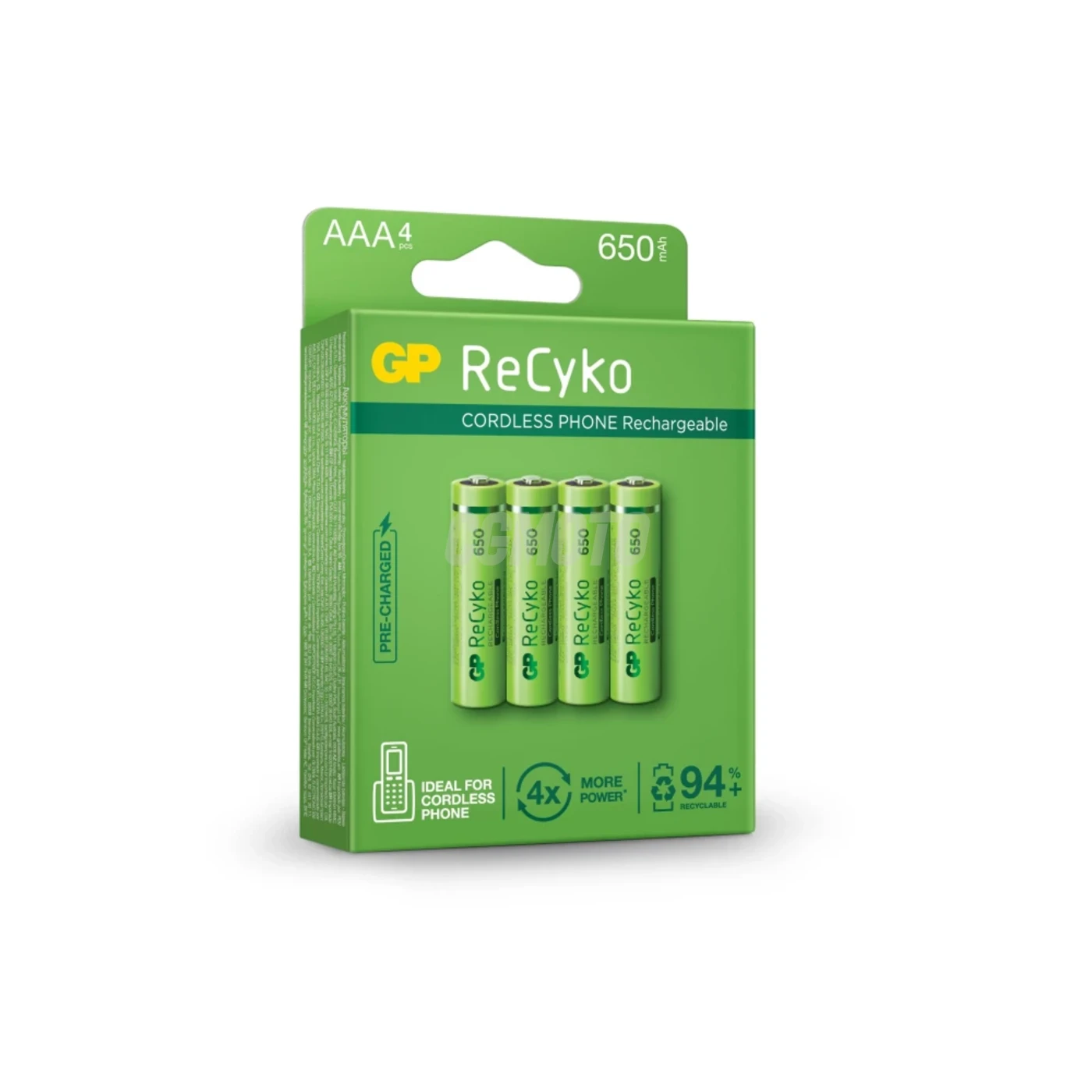 Blister de 4 pilhas recarregável Recyko+ AAA 650mAh Dect Phone Power