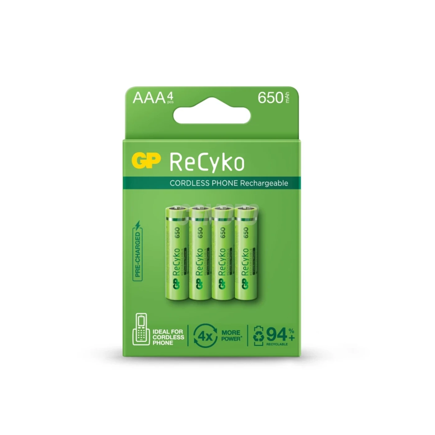 Blister de 4 pilhas recarregável Recyko+ AAA 650mAh Dect Phone Power
