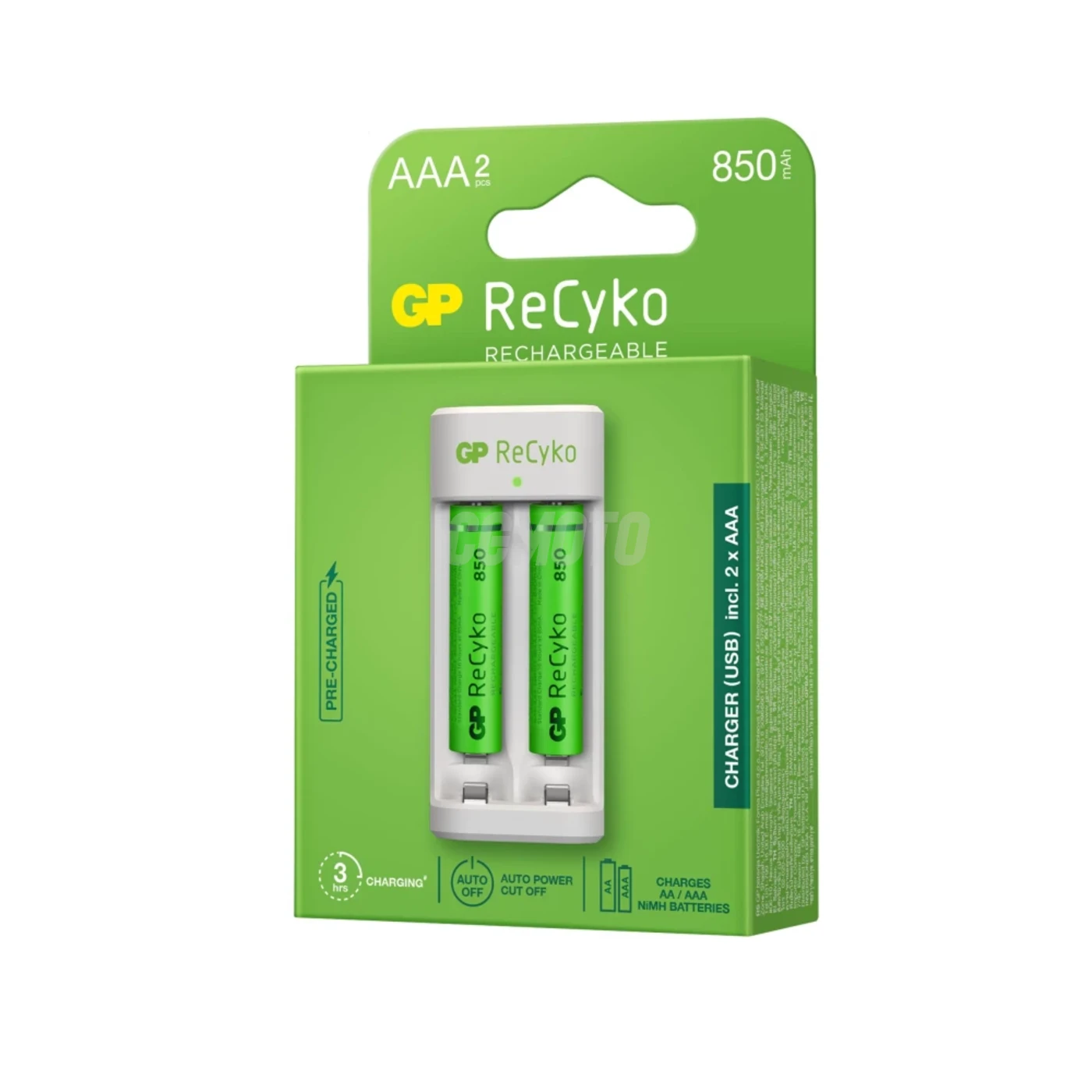 Carregador clássico GP E211 + 2 pilhas NiMH AAA 850 mAh