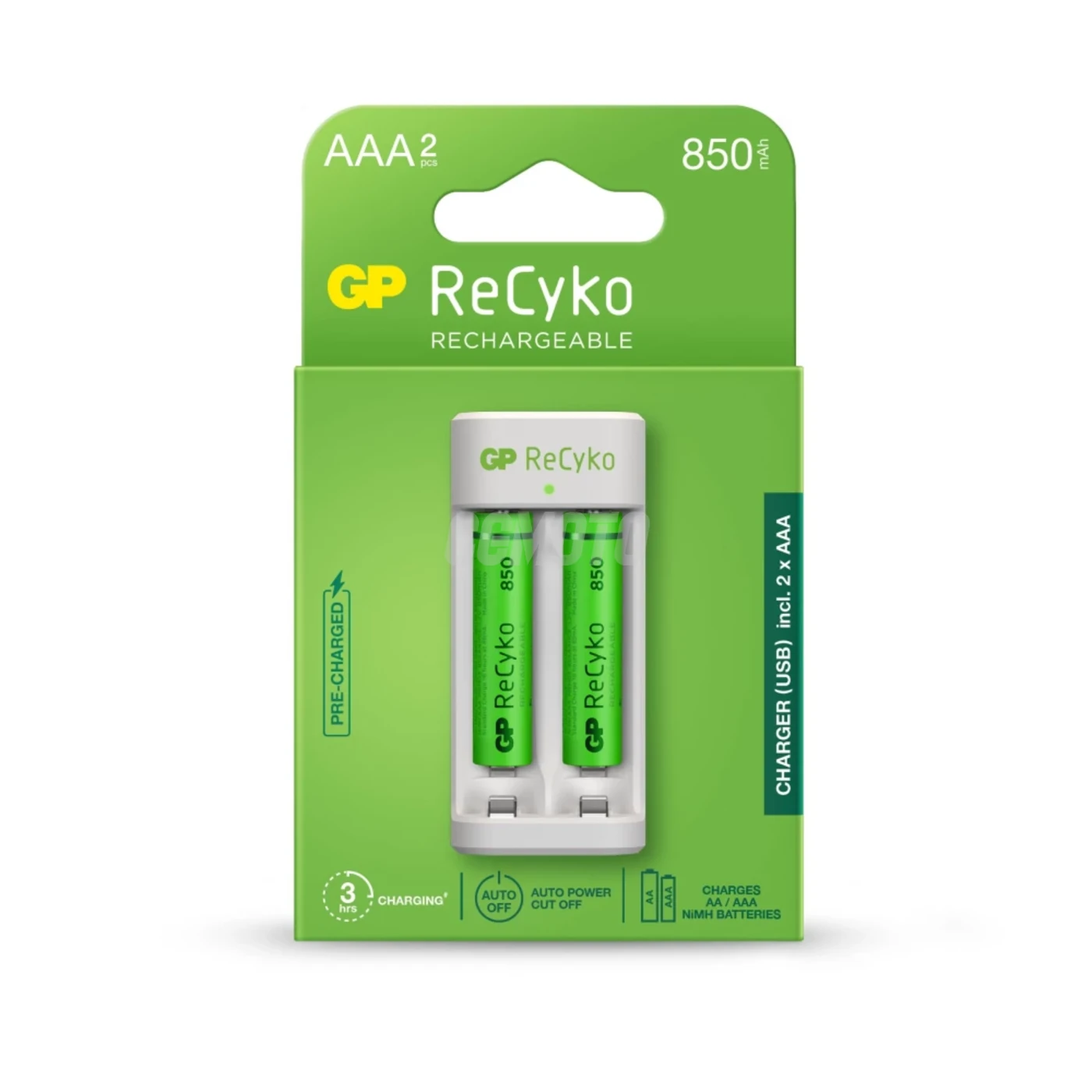 Carregador clássico GP E211 + 2 pilhas NiMH AAA 850 mAh