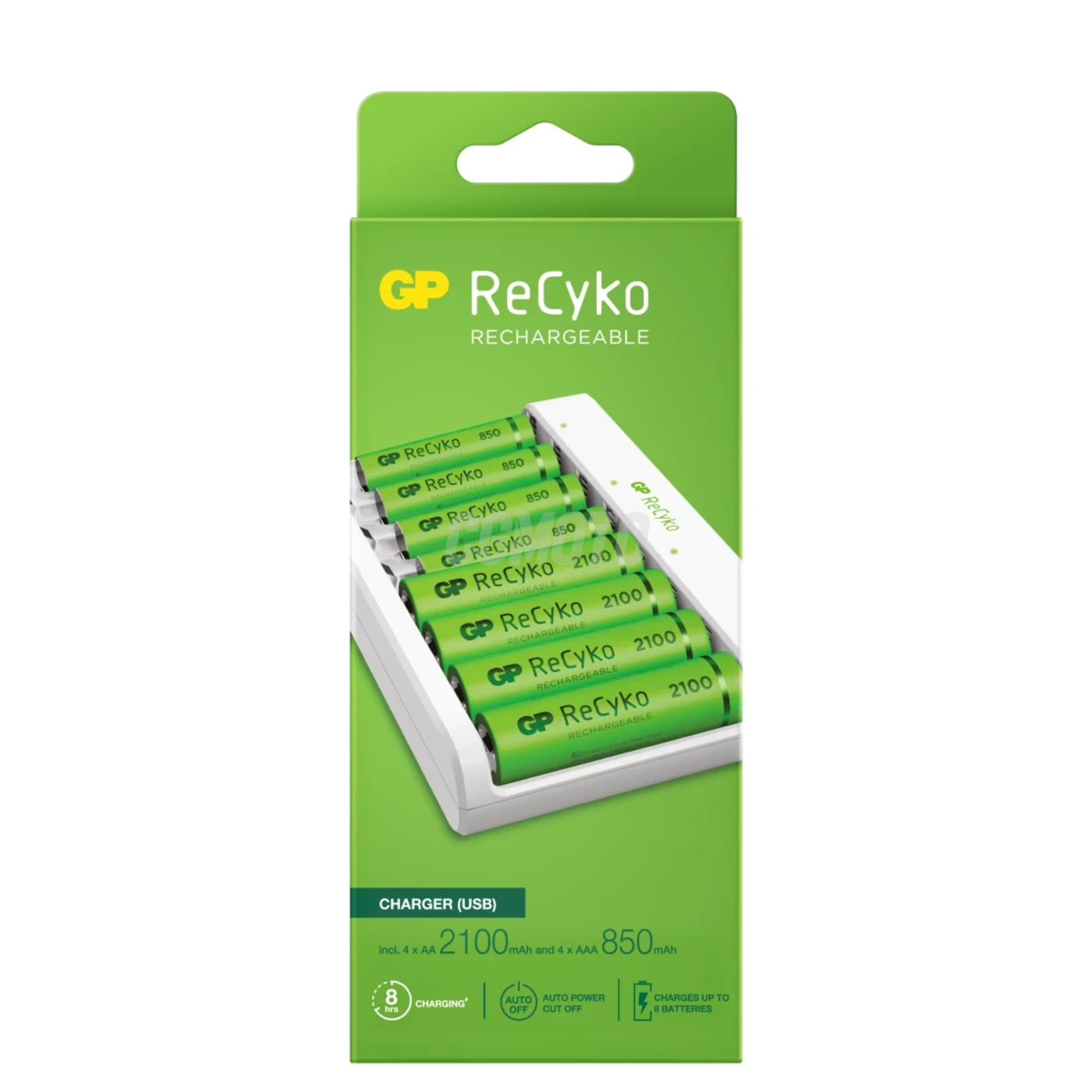 Carregador clássico GP E811 + 8 pilhas NiMH 4xAA 2100mAh + 4xAAA 850mah