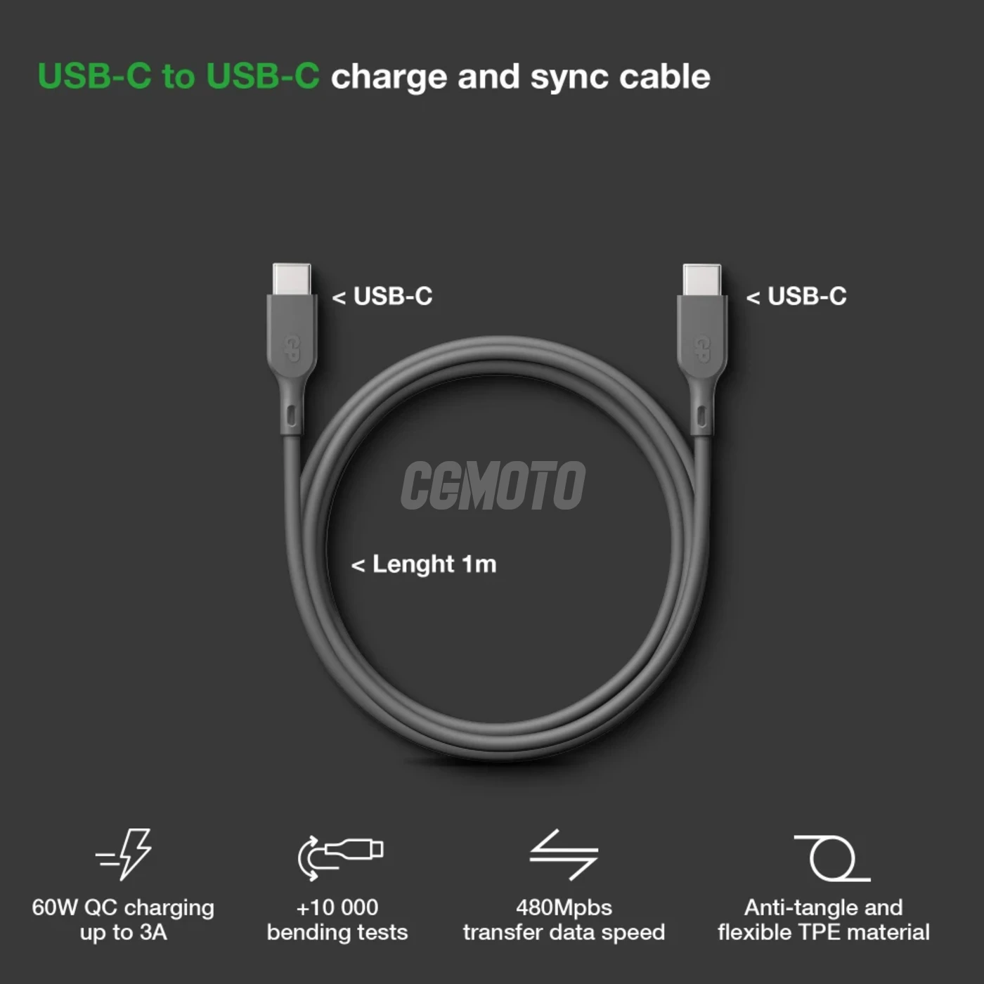 Essentials 1m USB-C to USB-C cable (60W) - Grey