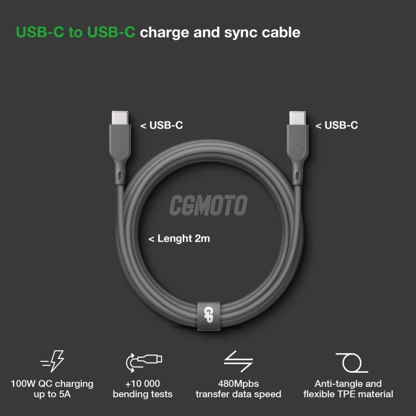 Essentials 2m USB-C to USB-C cable (100W) - Grey