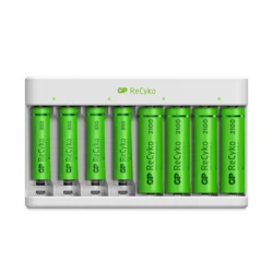 Carregador clássico GP E811 + 8 pilhas NiMH 4xAA 2100mAh + 4xAAA 850mah